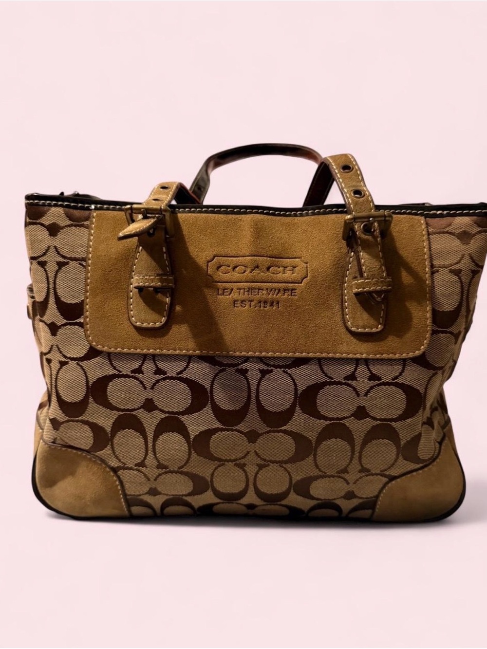 Coach Tan and Brown Signature Canvas Tote with Suede Trim